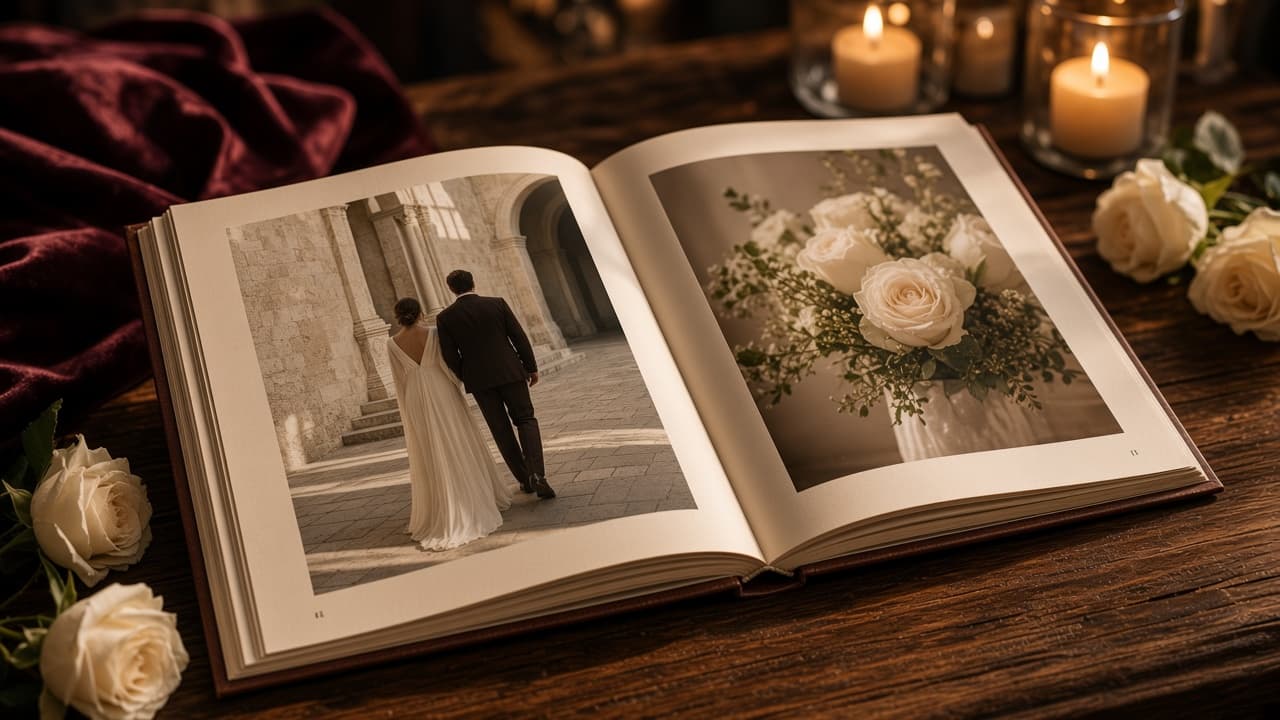 An open linen album showing a wedding photograph and white roses