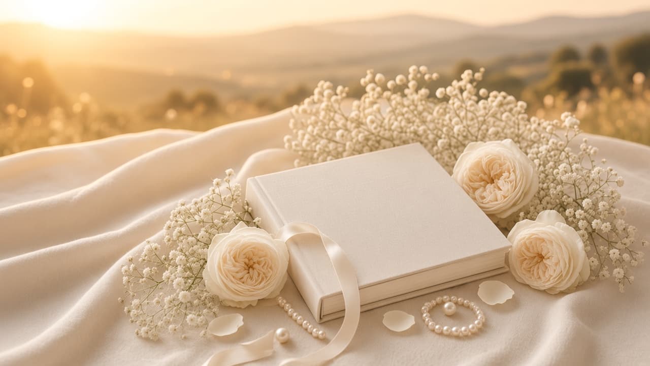 A linen album among white roses in warm evening light