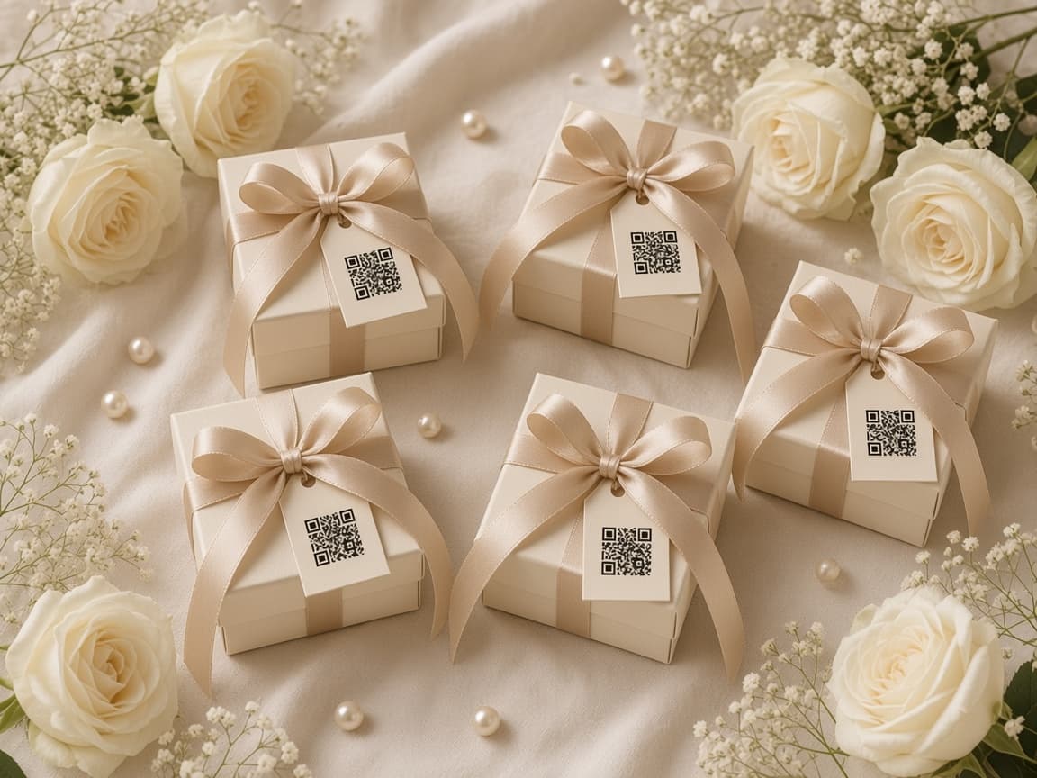 Cream favor boxes with ribbon and a small QR tag