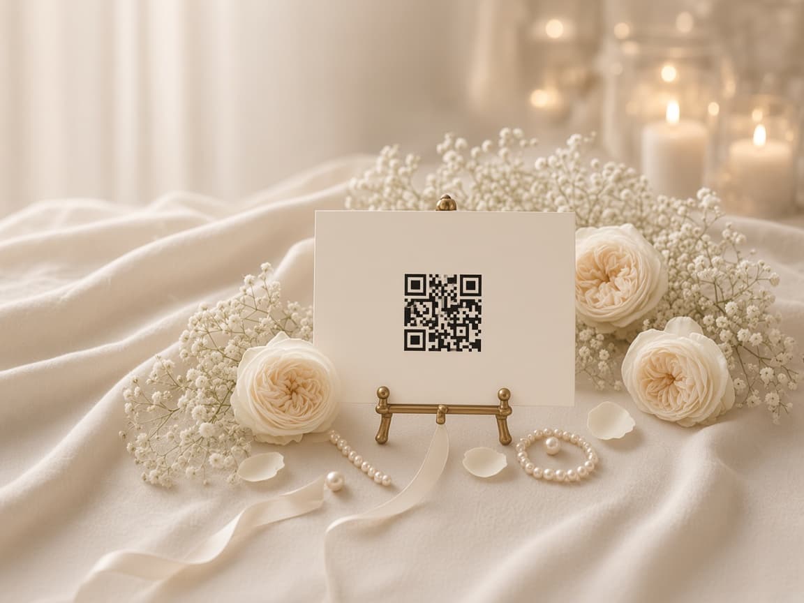 A welcome card on a stand, with a QR code among white roses
